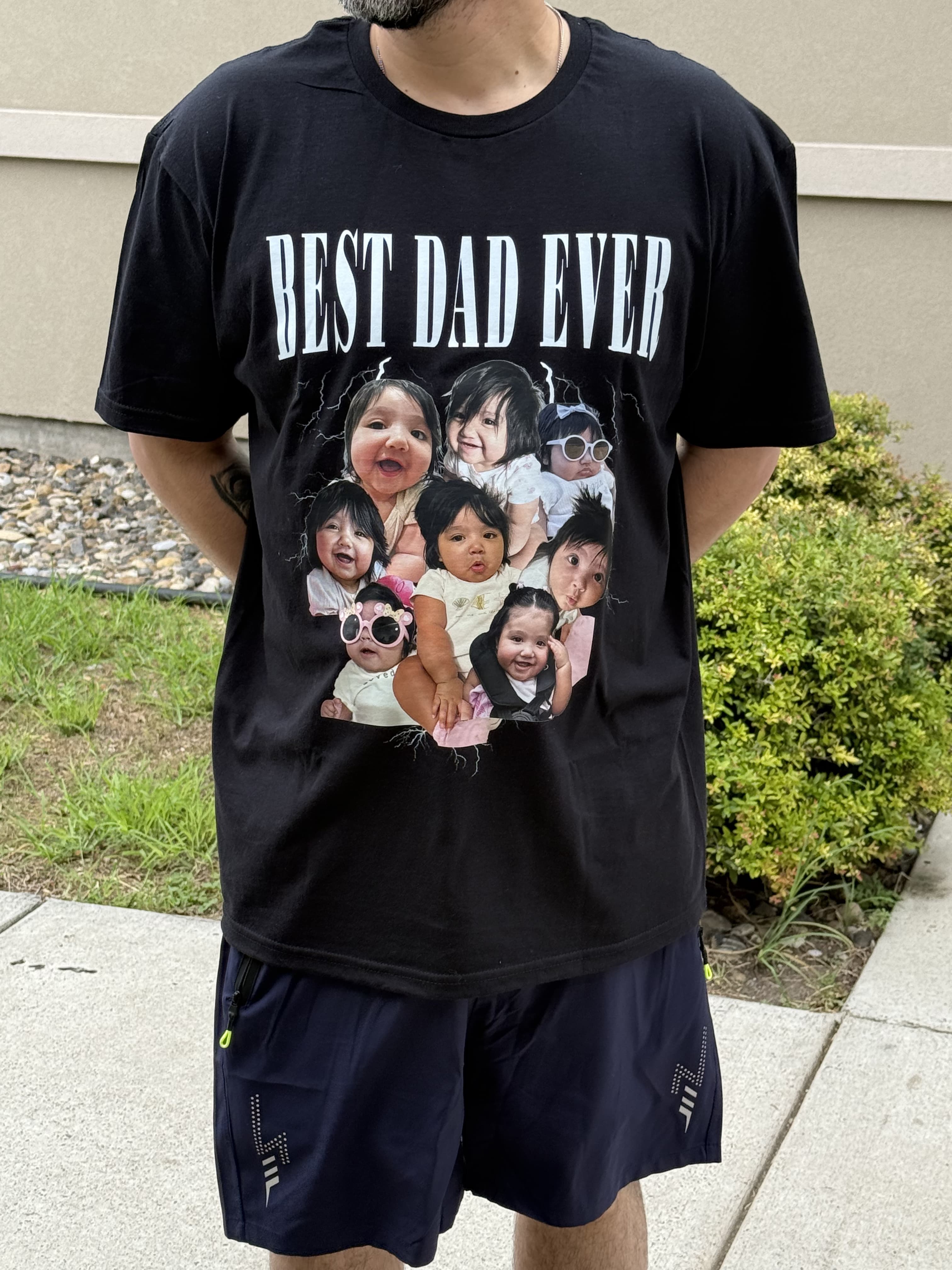 Customer wearing custom Best Dad Ever photo collage tee