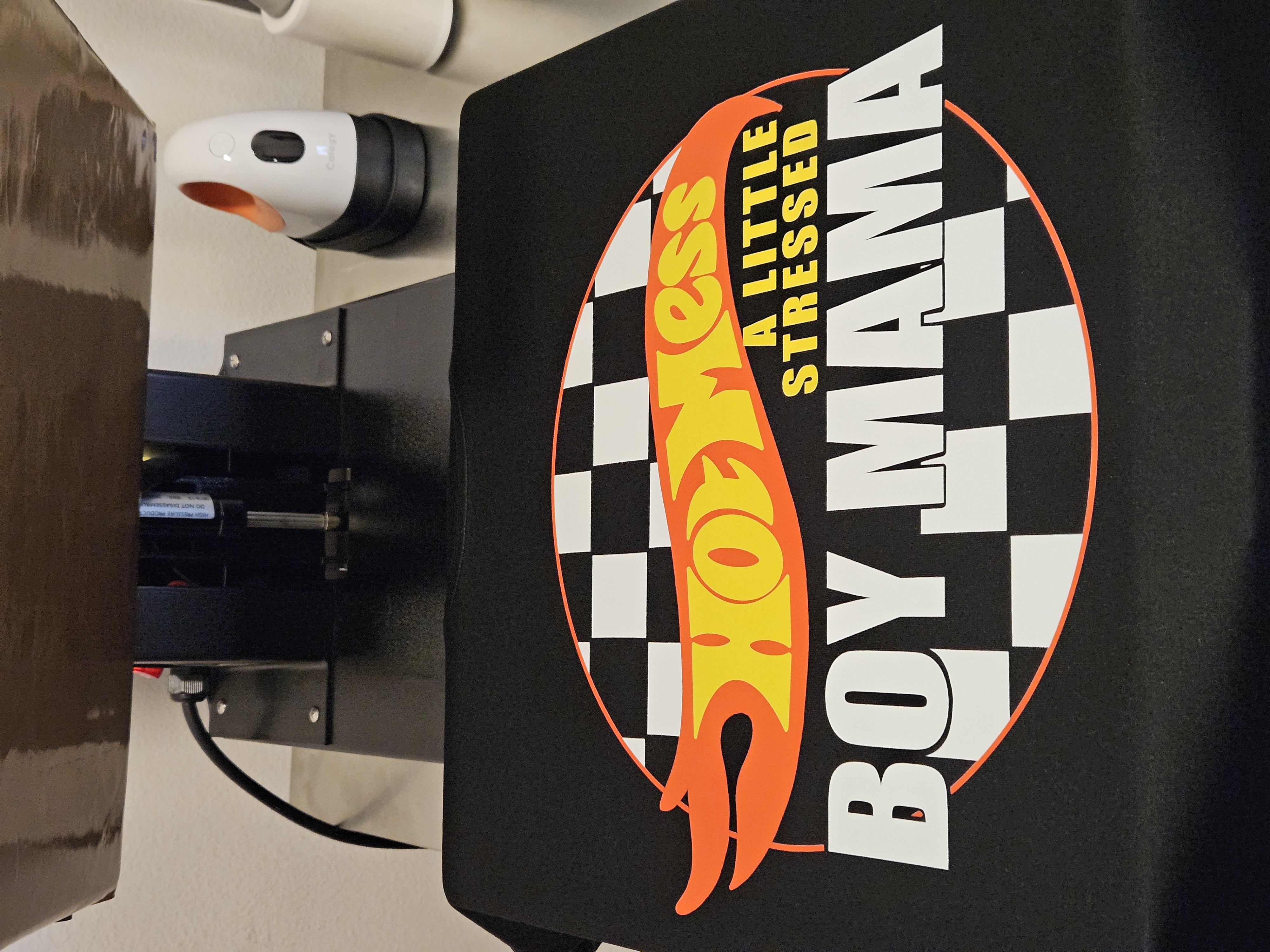 Custom Hot Mess Boy Mama tee with checkered flame design